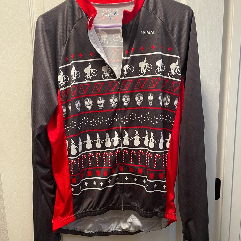 Primal Men's Festive Cycling Zip-Up Sweater - Gray and Red